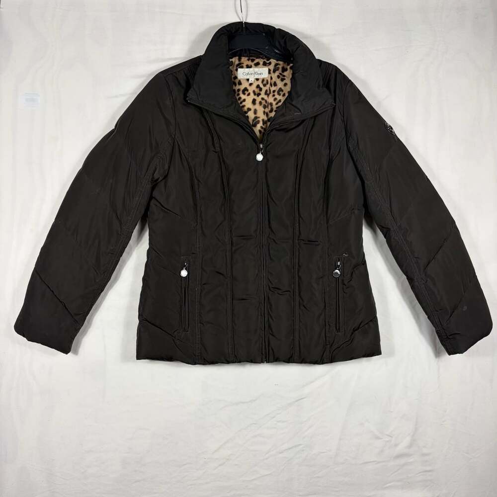 Calvin Klein Puffer Jacket Size M Black Down Leopard Print Lining